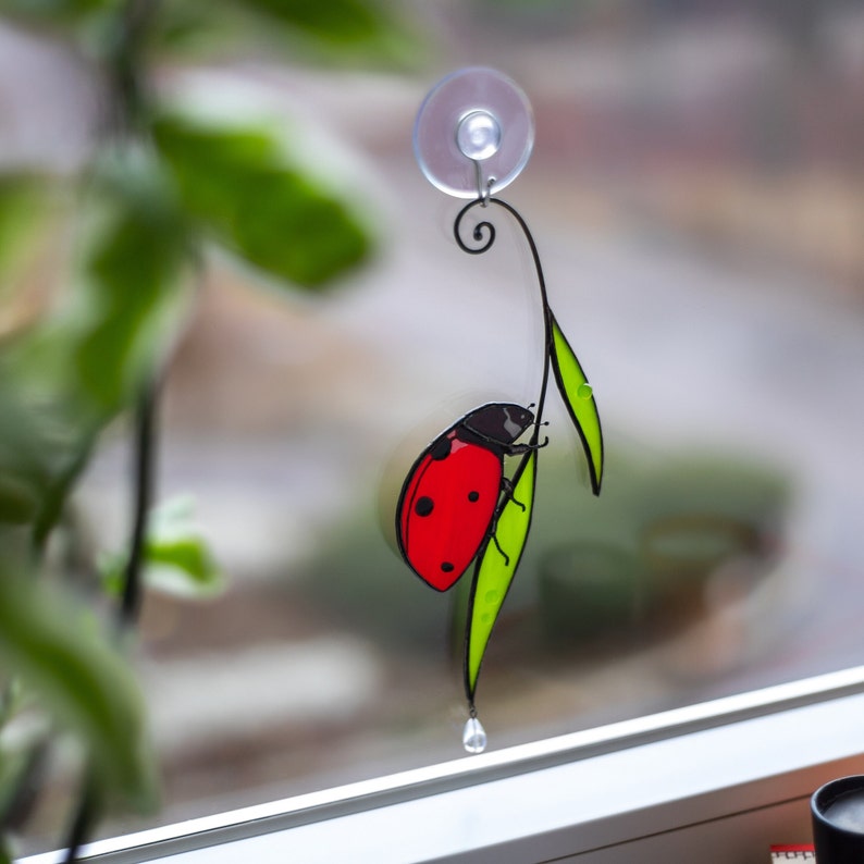Ladybug Stained Glass Window Hangings Mothers day gifts for her Ladybug suncatcher Bedroom decor for home image 6
