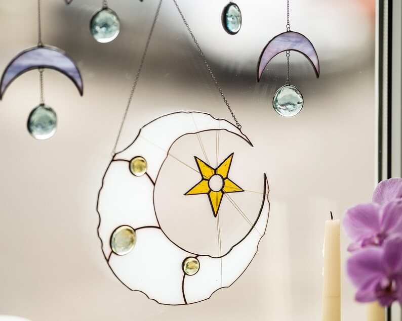 Stained Glass Moon Phase Wall Hanging Celestial Decor Moon Etsy