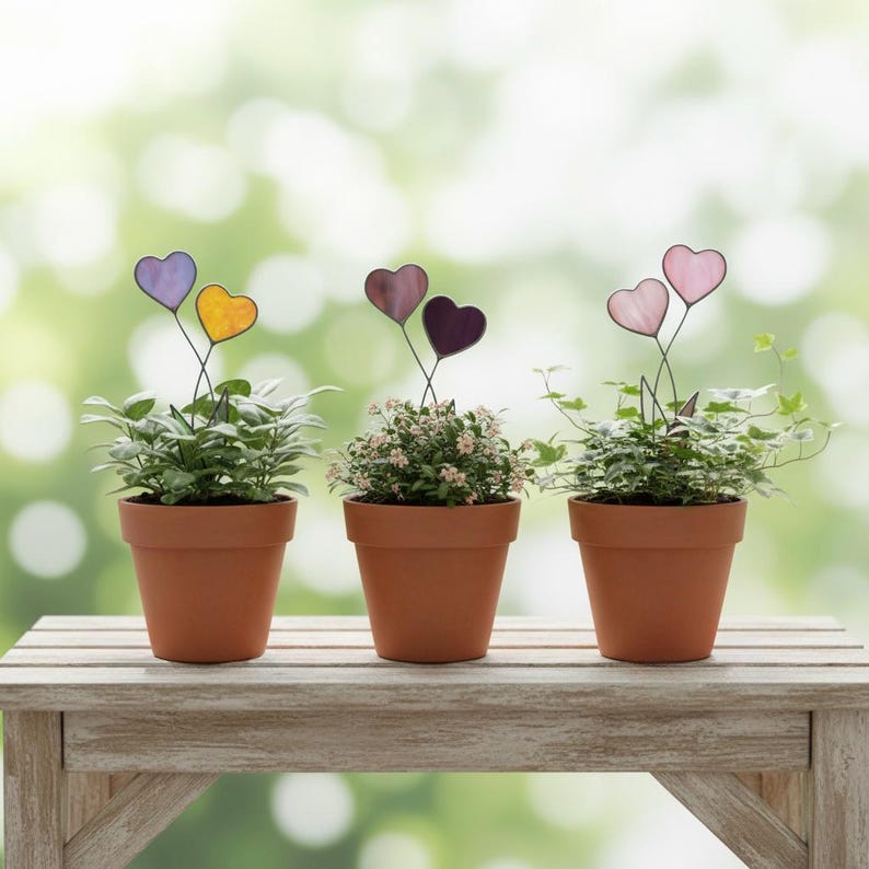 Handgemaakte glas-in-lood hart plantenstok • Bloempotaccent • Uniek cadeau voor moeder, vrouw, plantenliefhebber • Verjaardag, jubileum en Valentijnsdag afbeelding 5