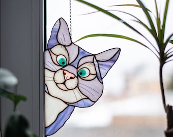 Peeking Cat window hangings, Stained Glass cat suncatcher, Mothers day Gifts from Daughter, Stained glass decor for home, Best gift for her