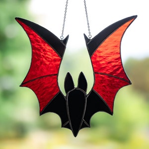 Halloween stained glass bat suncatcher, Black bat window hangings, Halloween decor