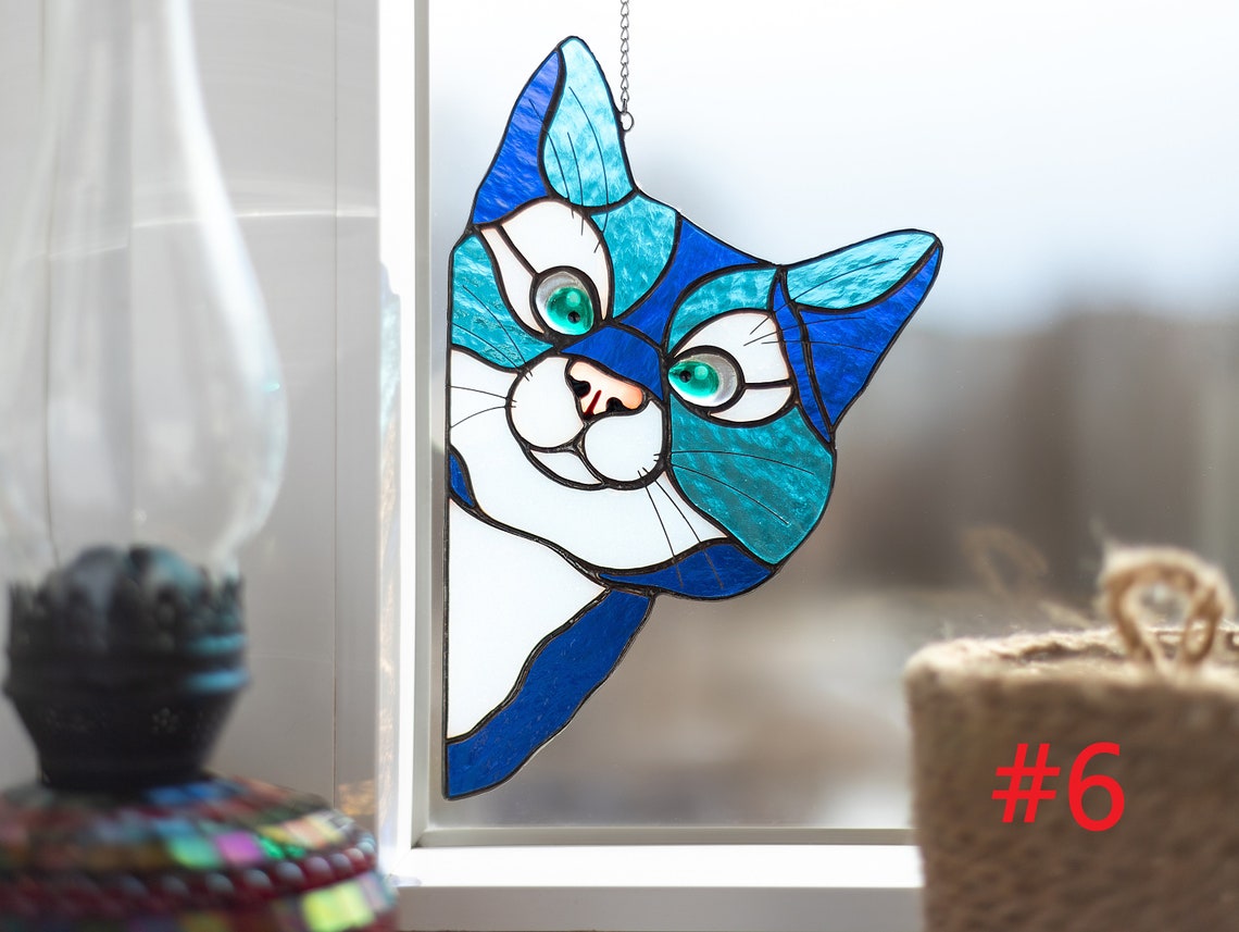 Peek cat stain glass cat suncatcher for window Funny cat decor Etsy
