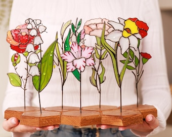 Personalized Stained Glass Flower Bouquet: Birth Month Floral Plant Stake Decor