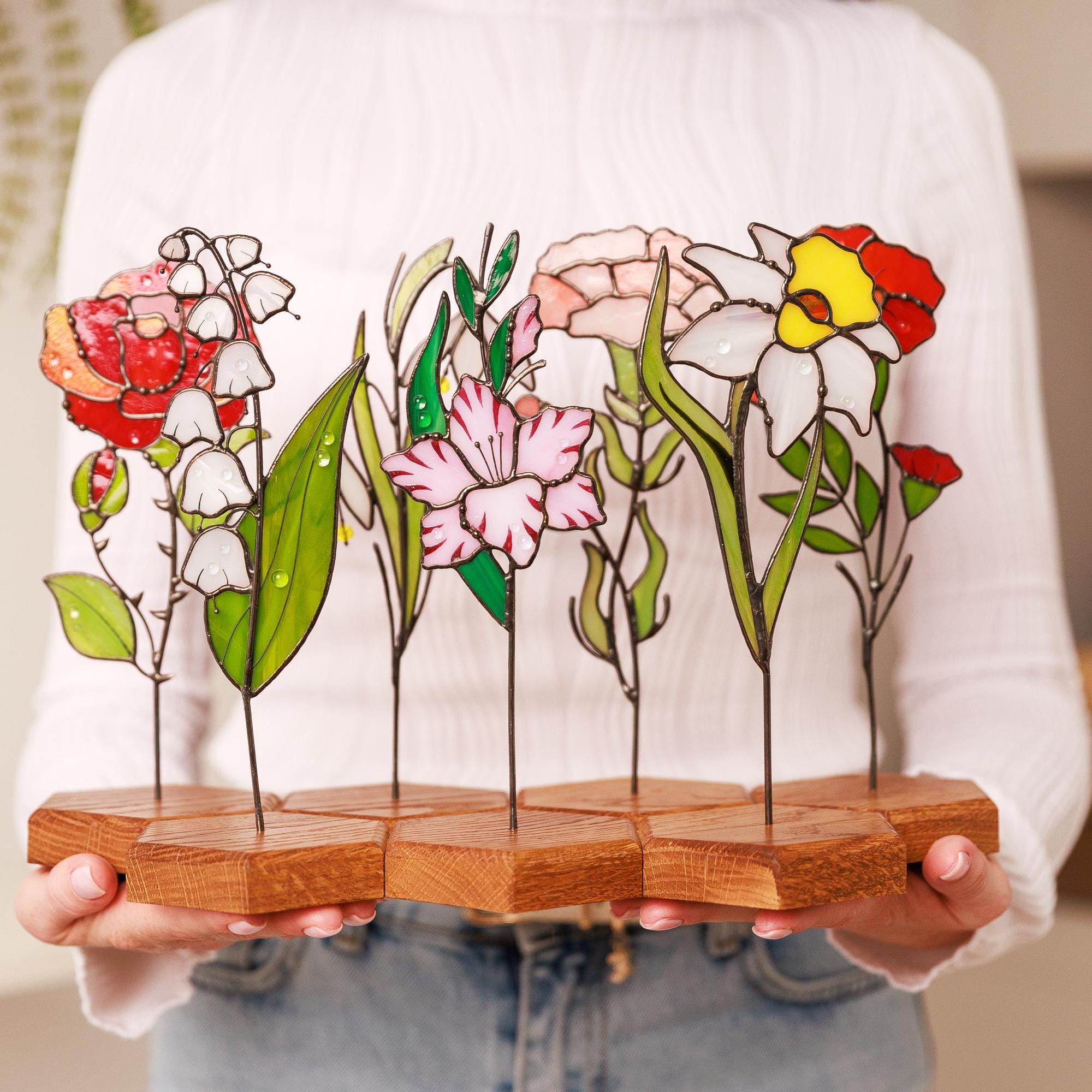 Glass Flower Bouquet Mother Day Gift for Mom from Son, Floral Stained Glass Plant Stake Home Decor, Birth Flower Personalised Family Gift