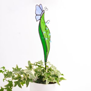 Stained Glass Lily of the Valley Plant Stakes Butterfly on Green Leaf Suncatcher Mothers Day Gift Glass Plant Decor For Pots 1 Leaf & Butterfly