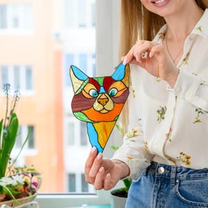 Stained Glass Cat Suncatcher for Window Colorful Cat Decor Home Gift for Mom from Daughter, Cat lover Gift Birthday Gift for Her