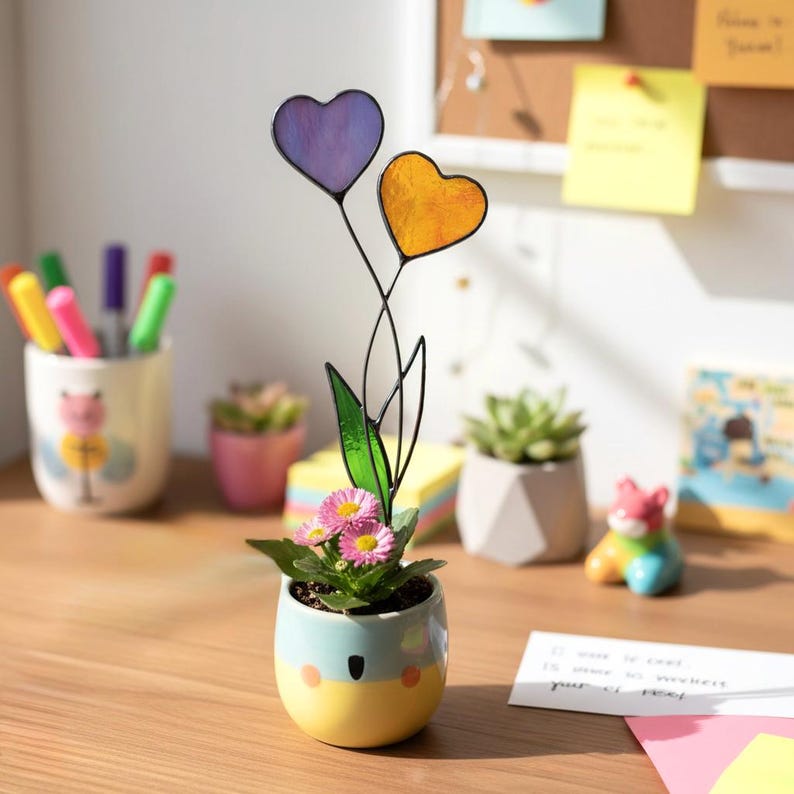 Handgemaakte glas-in-lood hart plantenstok • Bloempotaccent • Uniek cadeau voor moeder, vrouw, plantenliefhebber • Verjaardag, jubileum en Valentijnsdag afbeelding 1