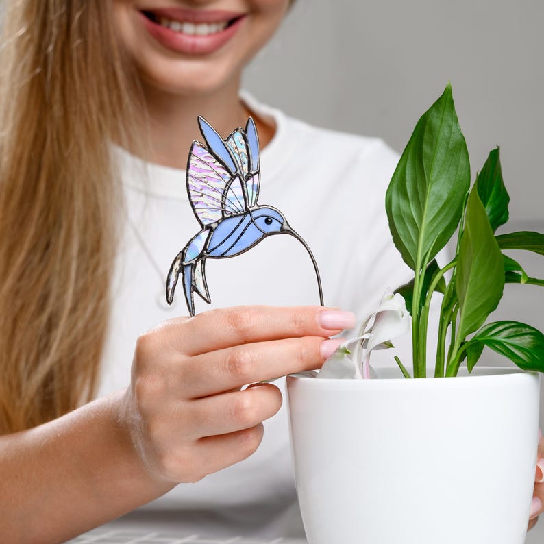 Cute Bird Plant Stakes Handmade from Stained Glass Plant Decor for Bird Lover, Gift for Mom Who Have Everything, Hummingbird Suncatcher image 14