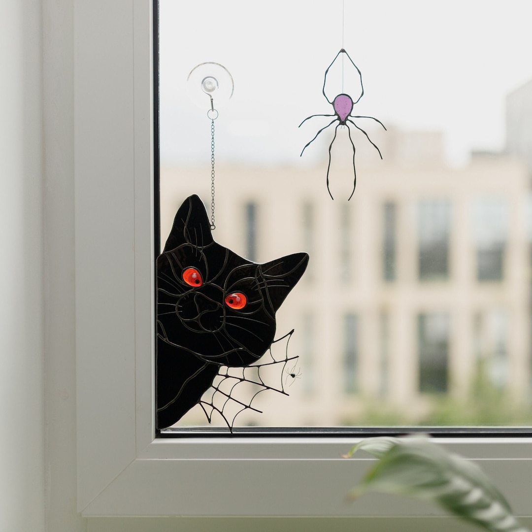 Stained Glass Halloween Cat, Horror Decor, Peeking Cat With Red Eyes ...
