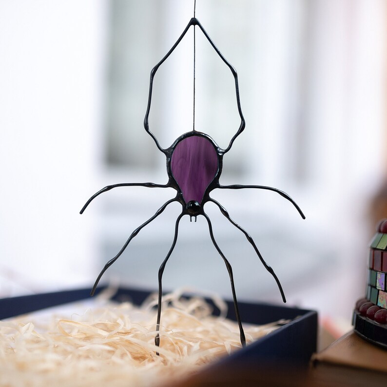 Mysterious Handmade Spider, Gothic Stained glass window hangings, Whimsical Eerie Insect Suncatcher, Goth Spooky Arachnid, Unique Scary Bug Medium H 7.5 x W4 inches