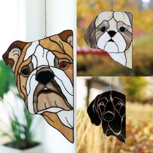 English Bulldog Stained Glass Suncatcher, Personalized Dog Lovers Gift for Mothers Day, Peeking Dog Window Hangings, Bulldog Decor for Home image 5
