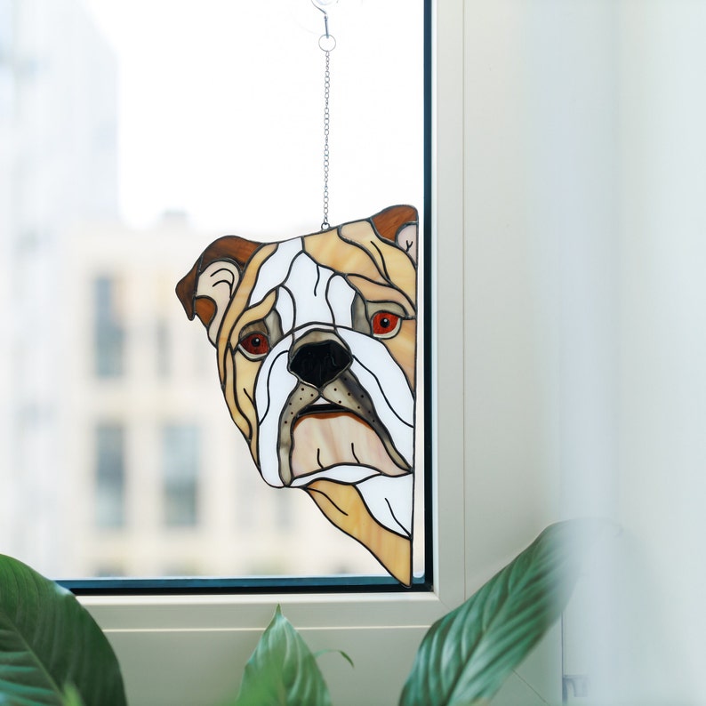 English Bulldog Stained Glass Suncatcher, Personalized Dog Lovers Gift for Mothers Day, Peeking Dog Window Hangings, Bulldog Decor for Home image 7