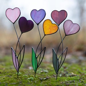 Stained Glass Heart Plant Stake 15th Anniversary Gift for Wife, Garden Stake for Plant Pot, Heart Suncatcher Unique Gift for Her