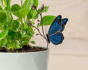 Stained Glass Monarch Butterfly Plant Stake: Handmade Garden Decor