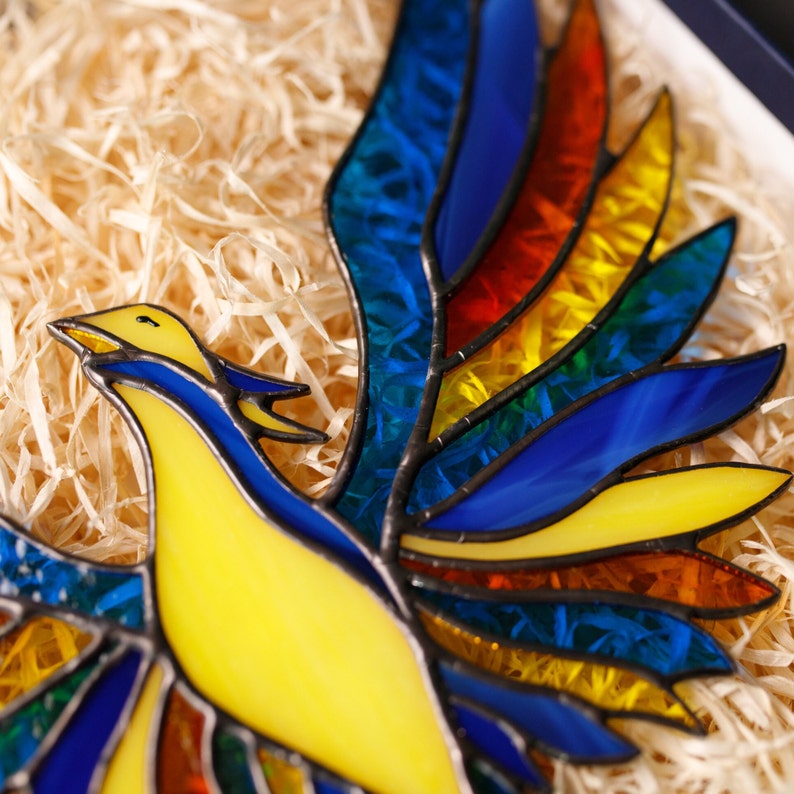 Stained glass window hangings, Unique Handmade Phoenix Suncatcher, Mothers day gifts, Colorful Mythical Bird, Special Majestic Firebird image 8