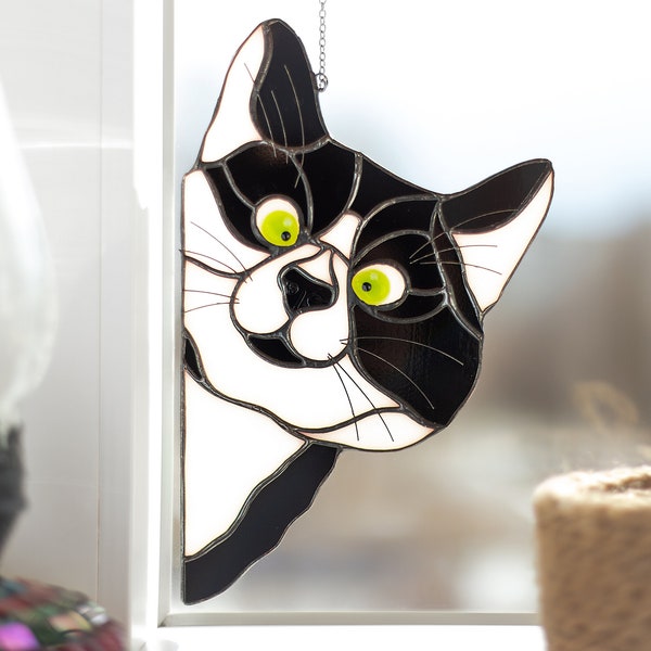 Peek cat stain glass cat suncatcher for window Funny cat decor for bedroom Mothers Day Gift from Daughter