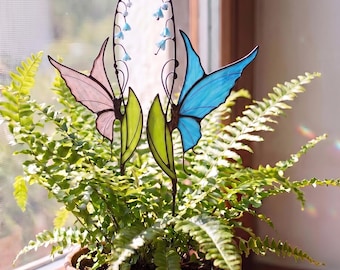 Butterfly plant stake gifts for mom garden, Lily of the Valley with butterfly Stained Glass gifts for grandma