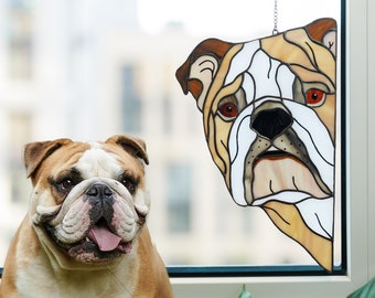 English Bulldog Stained Glass Suncatcher, Personalized Dog Lovers Gift for Mothers Day, Peeking Dog  Window Hangings, Bulldog Decor for Home