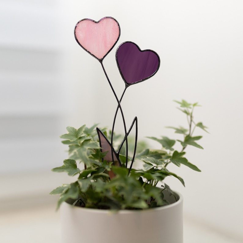 Op de afbeelding: Een roze en paarse glas-in-lood hartbloemenarrangement in een witte pot met groene, bladerige planten.