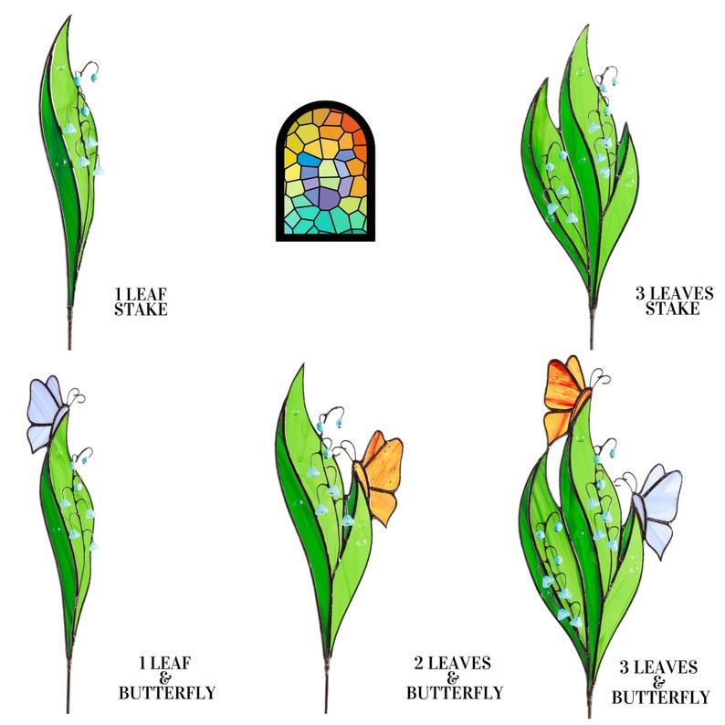 Stained Glass Lily of the Valley Plant Stakes Butterfly on Green Leaf Suncatcher Mothers Day Gift Glass Plant Decor For Pots image 4