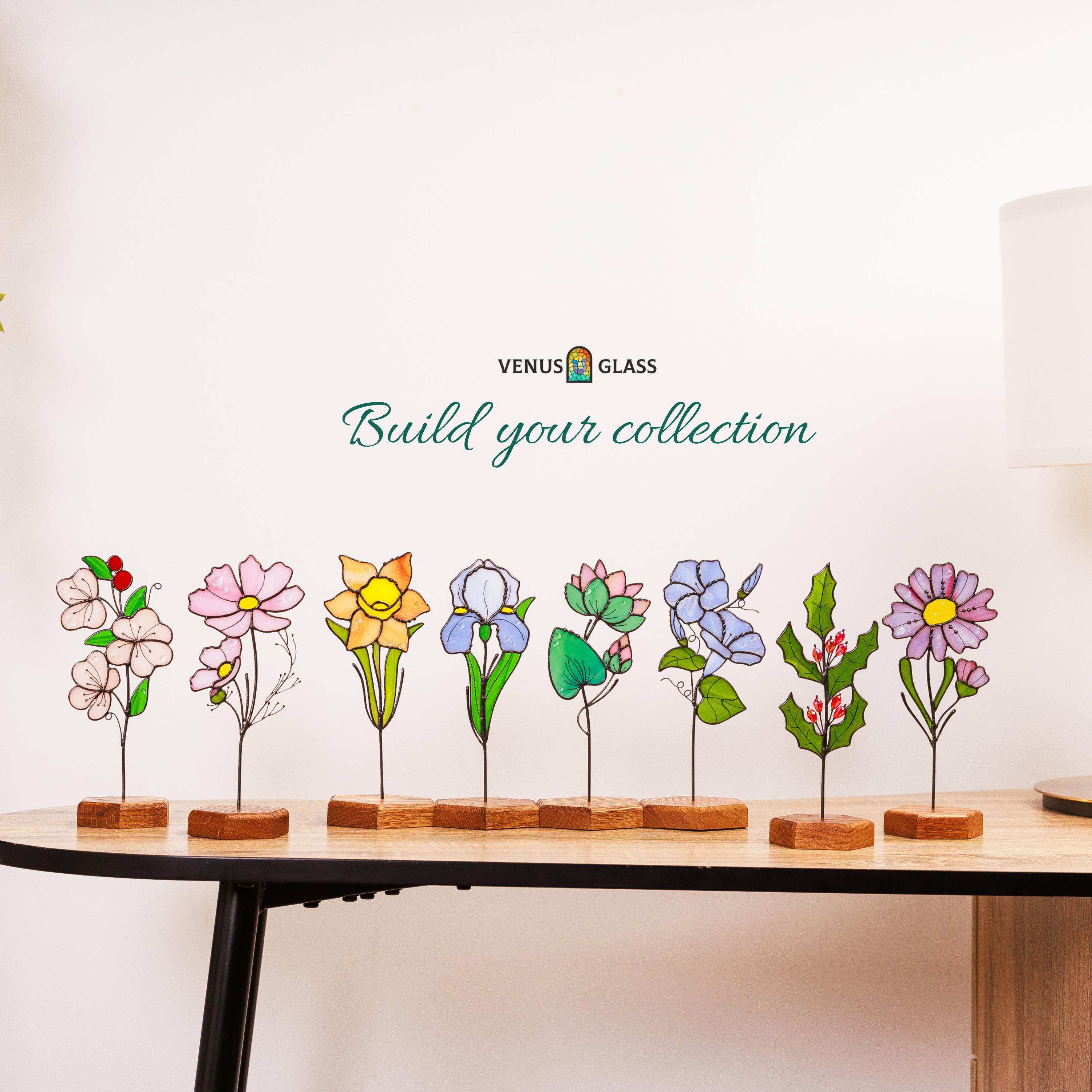 Glass Flower Bouquet Mother Day Gift for Mom from Son, Floral Stained Glass Plant Stake Home Decor, Birth Flower Personalised Family Gift