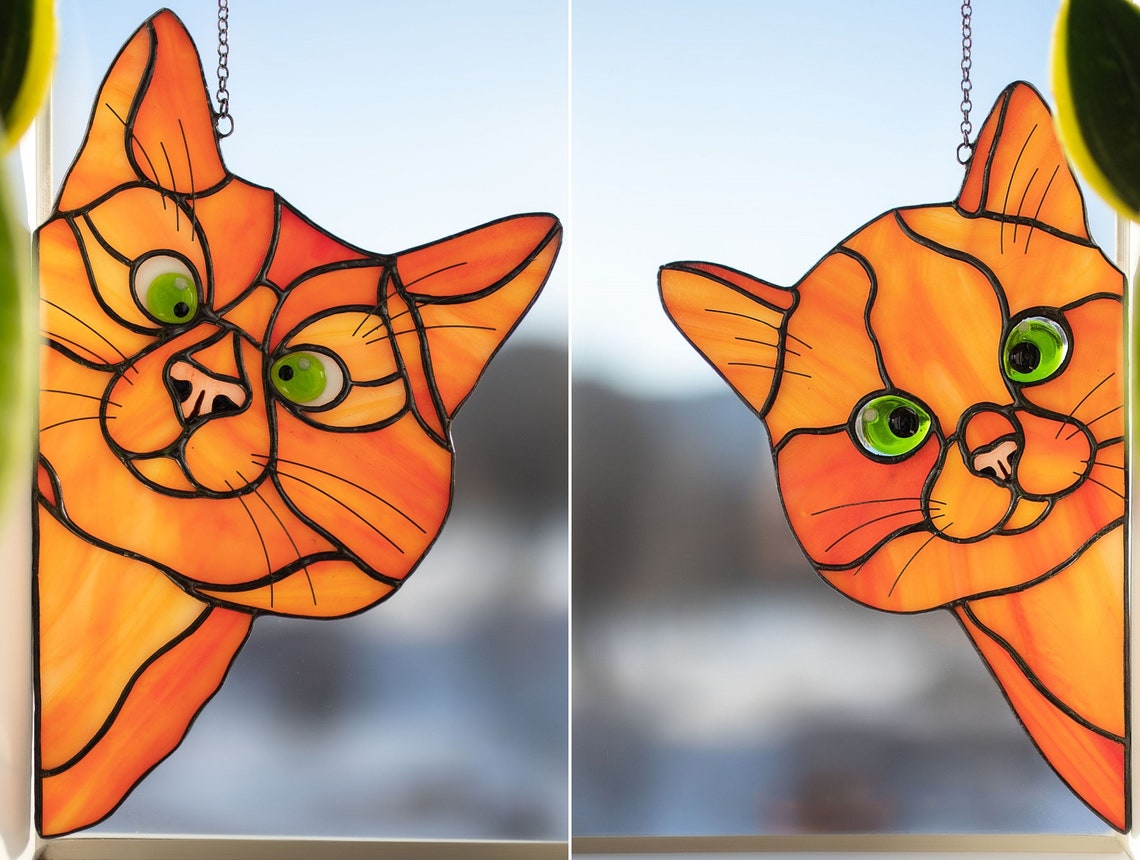 Peeking cat stained glass suncatcher Ginger cat lovers gift Etsy