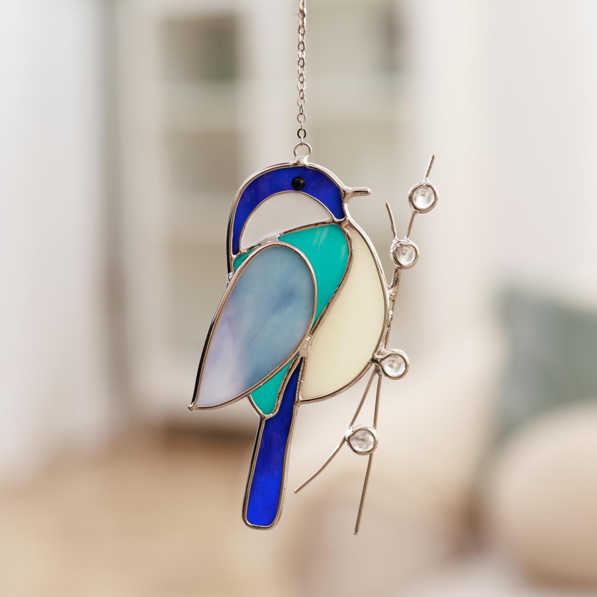 ブルーバードステンドグラス窓飾り・ハンドメイドバードサン