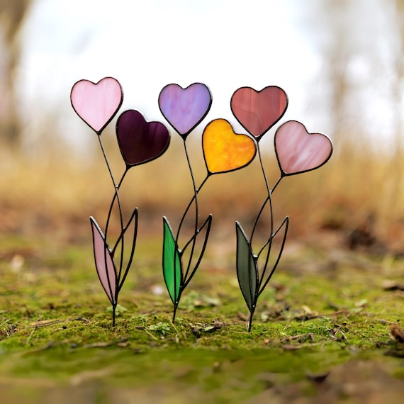 Stained Glass Heart Plant Stake • Garden Decor • Window Hang • Love Gift • Valentines