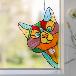 Stained Glass Window Hangings, Cat Suncatcher, Birthday Gifts from daughter, Peeking Cat decor, Unique Gift For Cat Lovers