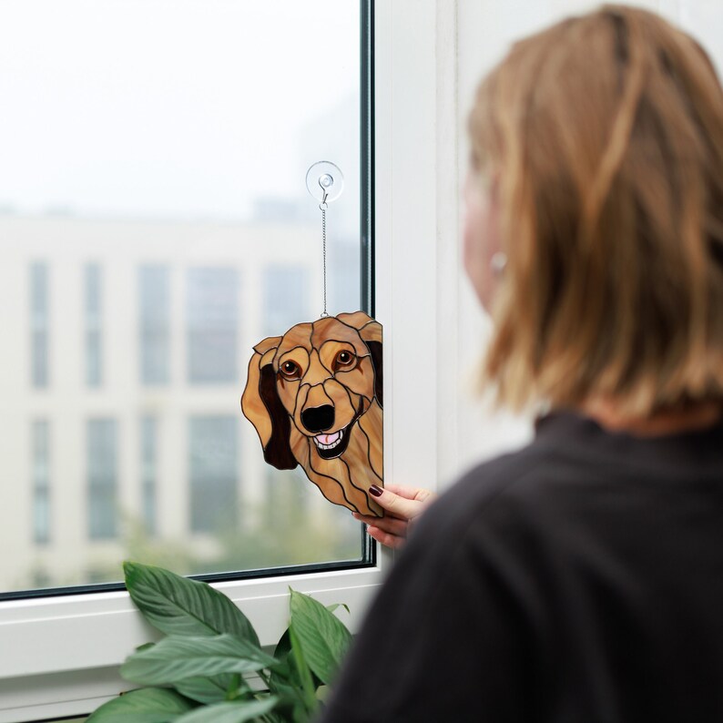 Longhair Dachshund Suncather Stained Glass Window Hangings Dachshund Mom Christmas gifts from Daughter Dog lovers decor Pet Remembrance Gift image 3