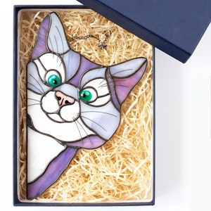 Glasmalerei-Katze, spähende Katze Sonnenfänger, Haustier Geschenke für Geburtstag, Fensterbehänge, Muttertagsgeschenke von Tochter, bestes Geschenk für sie #2 Violet-Blue