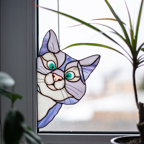 Stained Cat Home Room Window Panel Hanging Suncatcher Ornament  glass decoration 
