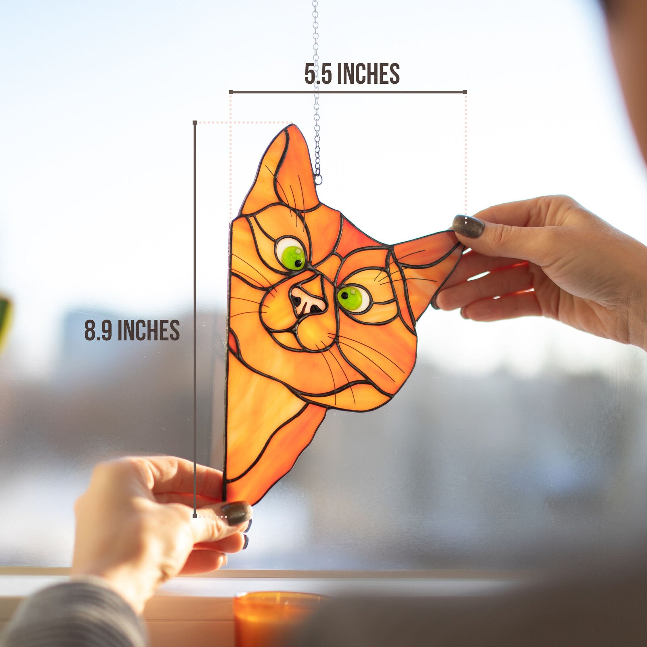 Acchiappasole In Vetro Colorato Fatto A Mano – Gatto Arancione Su Luna – Decorazione Da Finestra, Regalo Per Amanti Dei Gatti