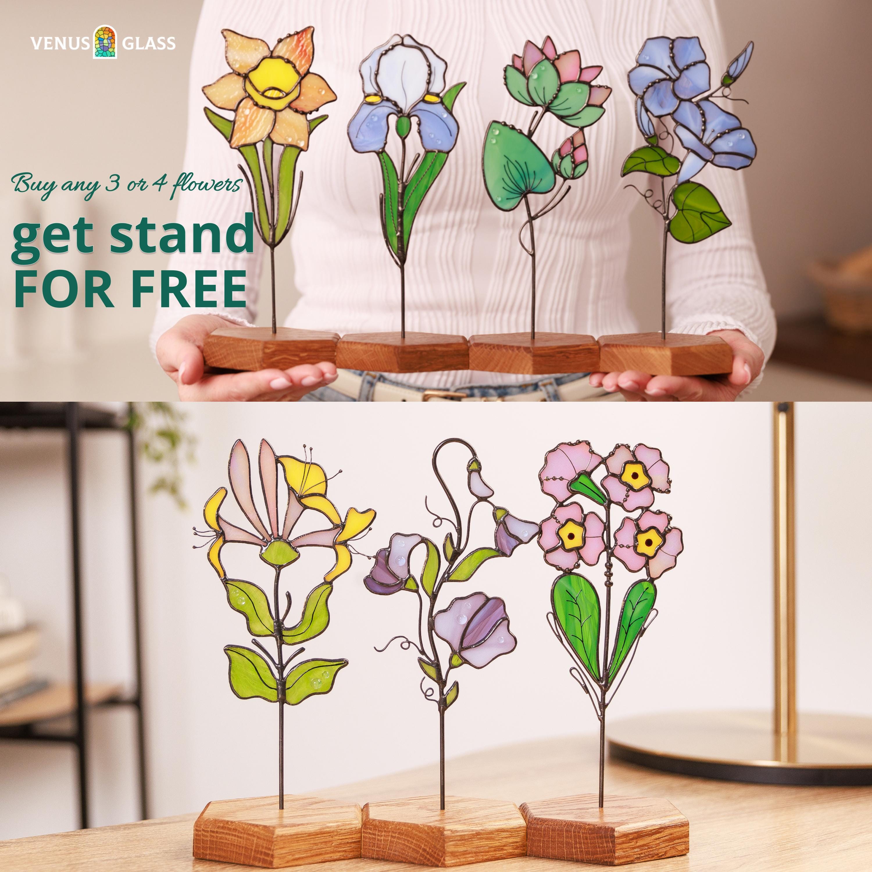 Glass Flower Bouquet Mother Day Gift for Mom from Son, Floral Stained Glass Plant Stake Home Decor, Birth Flower Personalised Family Gift
