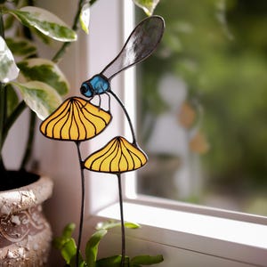 Whimsical Stained Glass Mushroom Plant Stake with Dragonfly, Cute Cottagecore Decor Perfect for Gift for Plant Lovers or Housewarming Gift