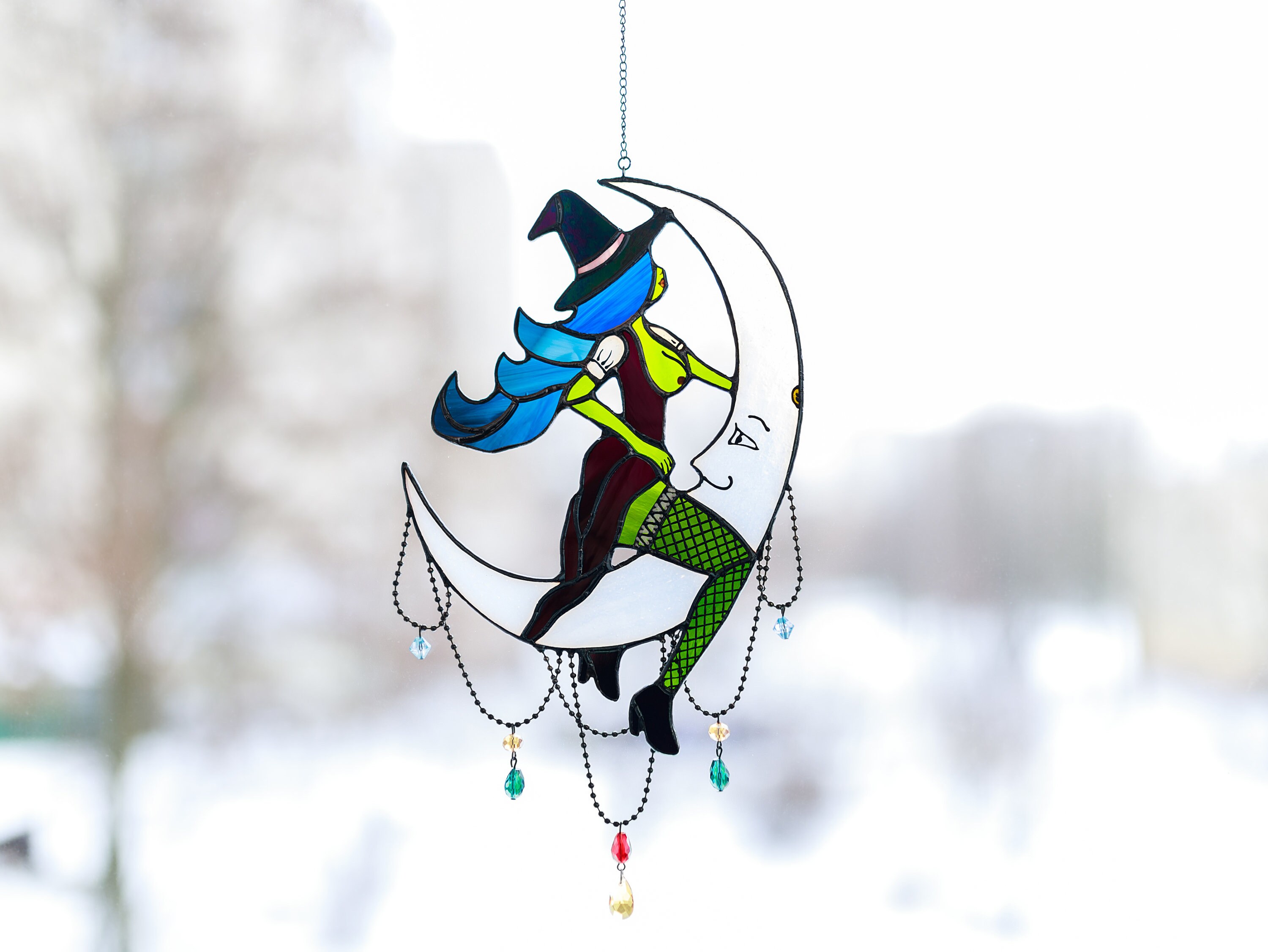 Witch on Moon Unique Stained Glass Halloween Home Decor Etsy