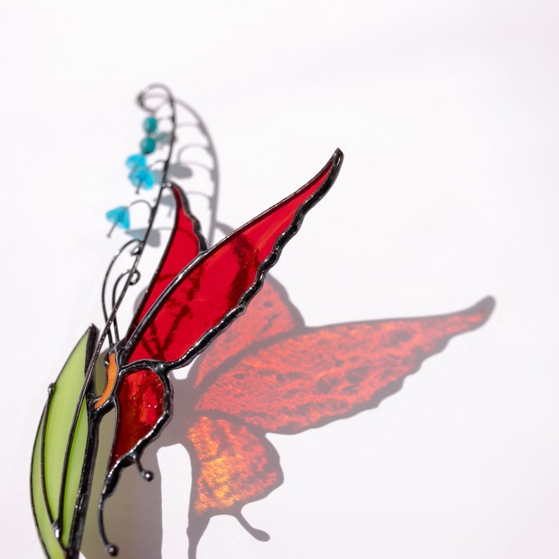 Butterfly Suncatcher and Stained Glass Plant Stakes Butterfly On The Leaf Window Hangings Plant Mom Gift Garden Stakes On Metal Rod image 5