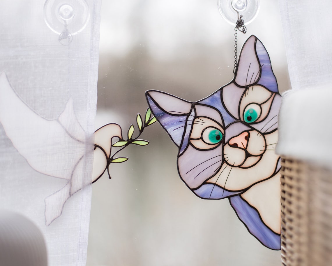 Peeking Cat Stained Glass Suncatcher Cat lover gift Stained Etsy