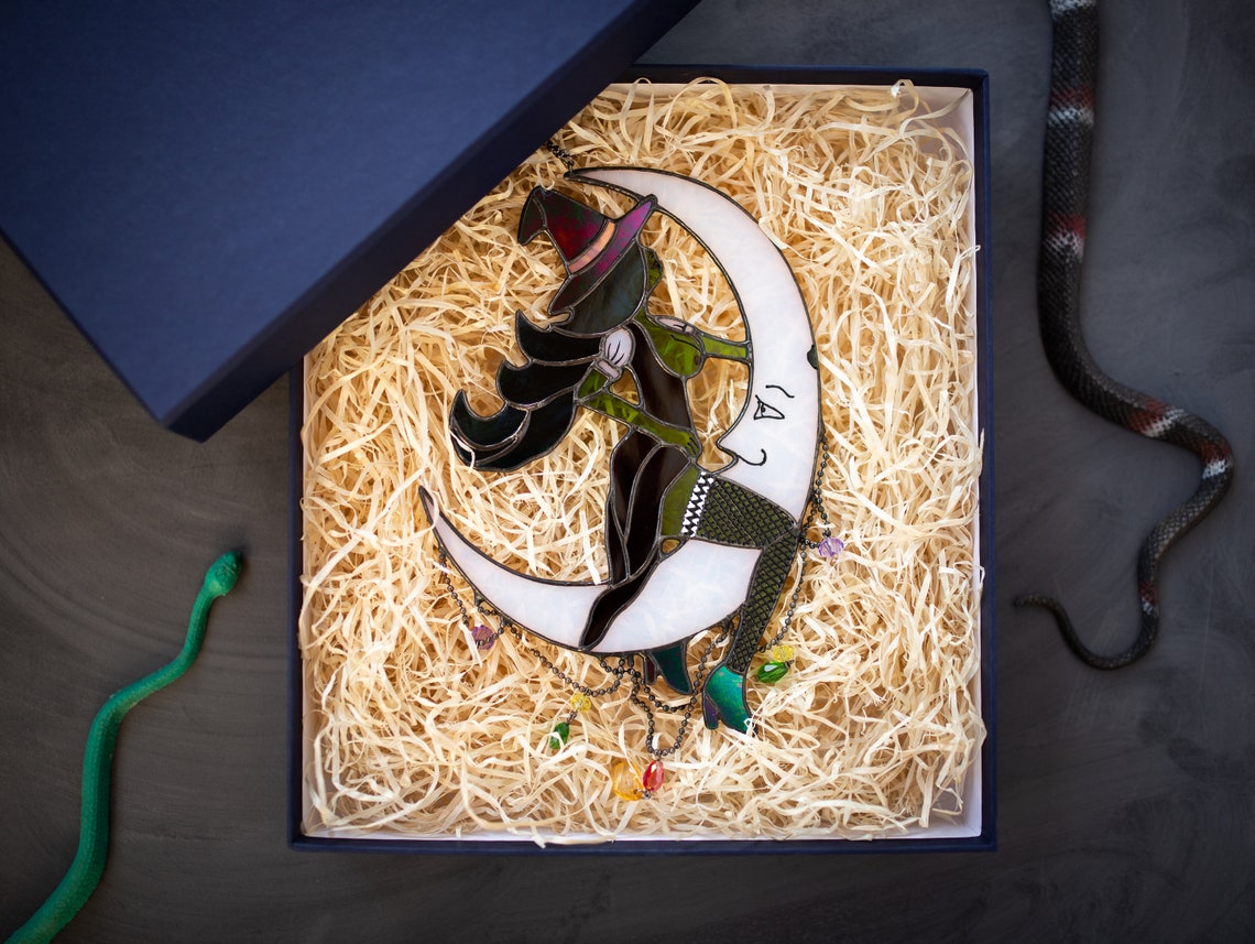 Halloween witch on moon decor Stained glass witch Suncatcher Etsy