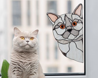 British Shorthair Cat Stained Glass Suncather Cat Mom gift for Birthday Party, Pet Custom Portrait from Photo in Memory of Cat Loss