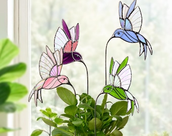 Stained Glass Hummingbird Plant Stake - Handmade Suncatcher Gift for Mom