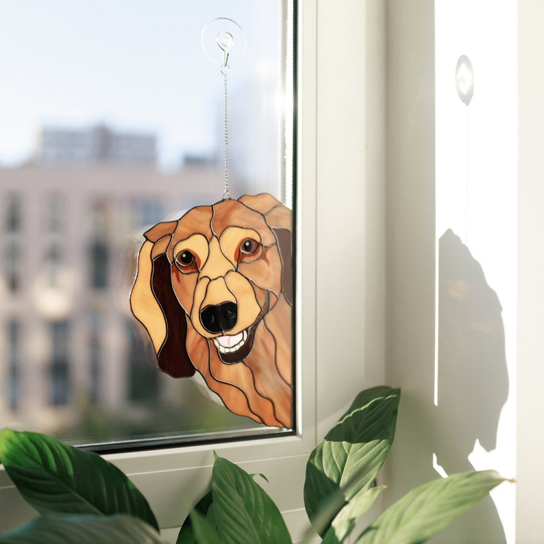 Longhair Dachshund Suncather Stained Glass Window Hangings Dachshund Mom Christmas gifts from Daughter Dog lovers decor Pet Remembrance Gift image 1