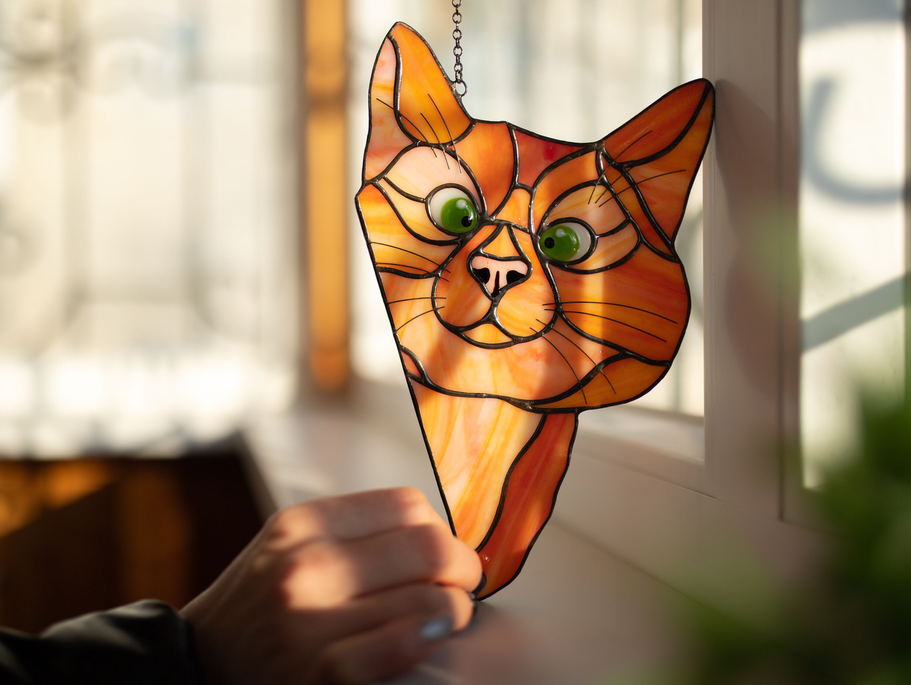 Peeking cat stained glass suncatcher Ginger cat lovers gift Etsy