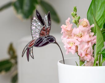 Stained Glass Hummingbird Suncatcher: Garden Plant Stake Bird Decor