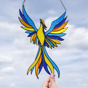 Stained glass window hangings, Unique Handmade Phoenix Suncatcher, Mothers day gifts, Colorful Mythical Bird, Special Majestic Firebird Ukraininan Phoenix