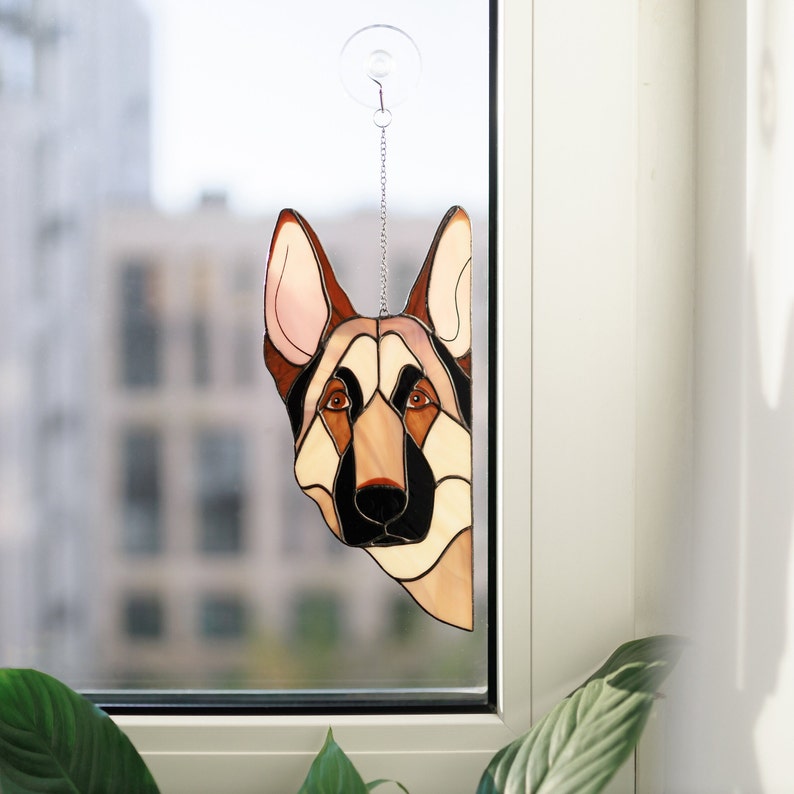 Shepherd Stained Glass Window Hangings, Peeking Dog Suncatcher, Shepherd Mom Gift for Christmas, Unique Dog Home decor Pet Remembrance gift image 2