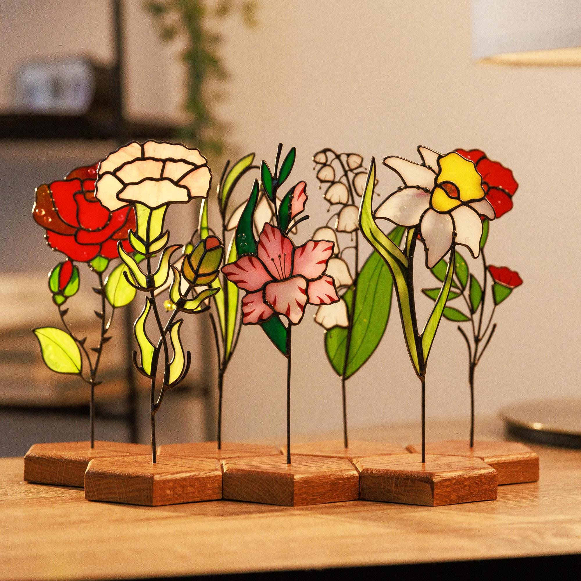 Glass Flower Bouquet Mother Day Gift for Mom from Son, Floral Stained Glass Plant Stake Home Decor, Birth Flower Personalised Family Gift