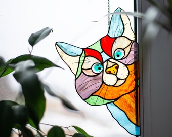 Stained Glass Window Hangings, Cat Suncatcher, Mothers day gift, Peeking Cat decor, Perfect Gift For Cat Lovers