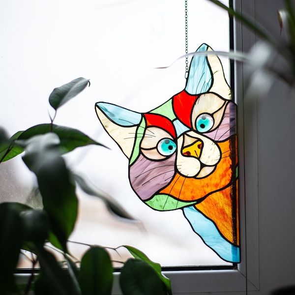 Stained Glass Window Hangings, Cat Suncatcher, Mothers Day Gift, Peeking Cat decor, Perfect Gift For Cat Lovers
