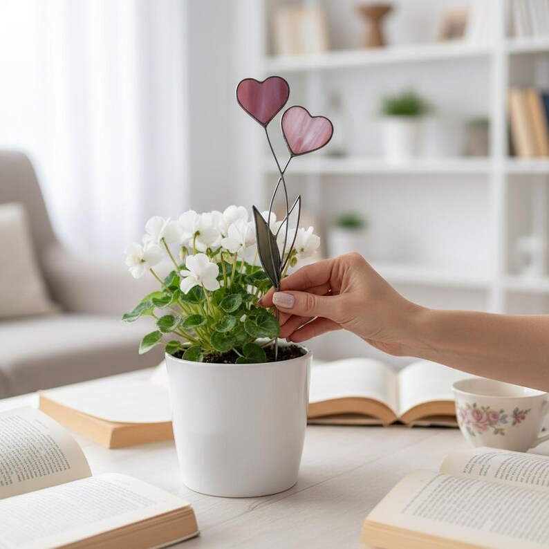 Handgemaakte glas-in-lood hart plantenstok • Bloempotaccent • Uniek cadeau voor moeder, vrouw, plantenliefhebber • Verjaardag, jubileum en Valentijnsdag afbeelding 7